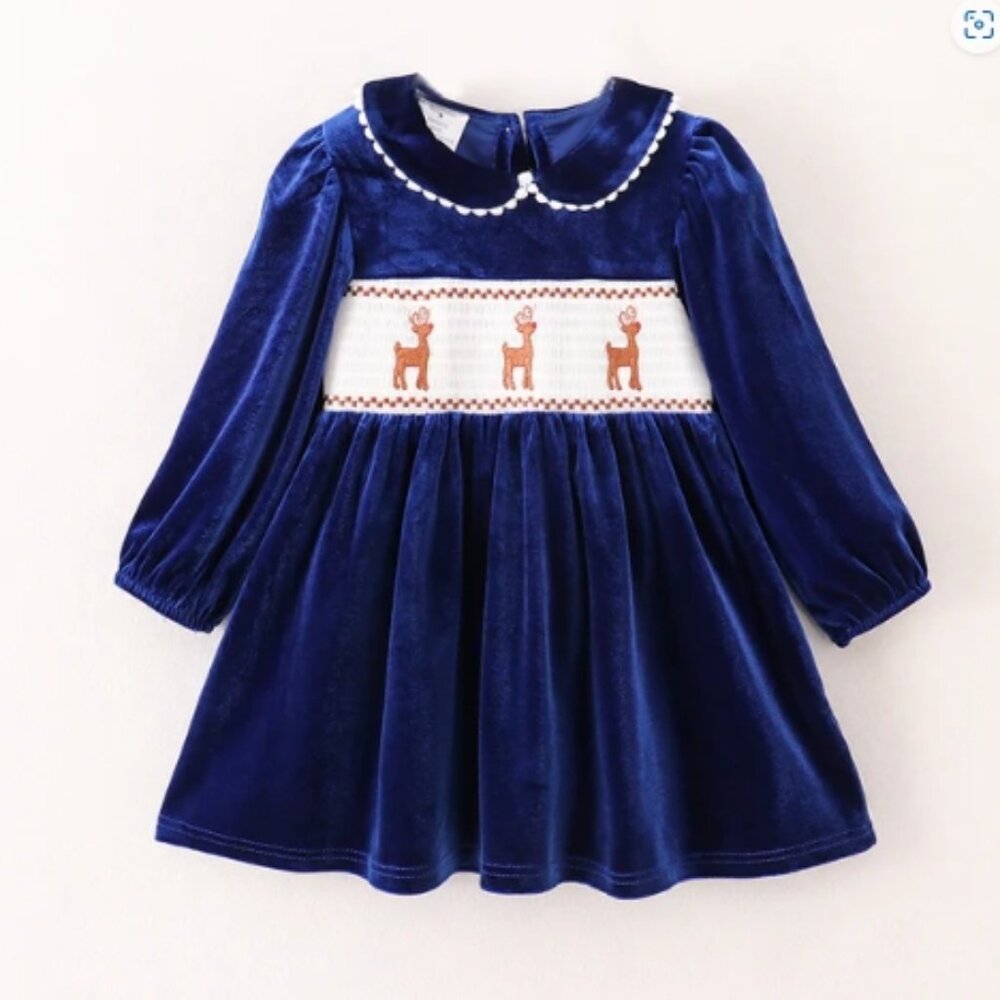 Boutique Christmas Reindeer Girls Smocked Embroidered Velvet Dress